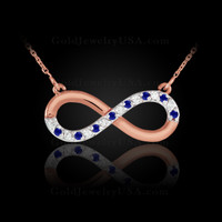 Rose Gold infinity diamond necklace with blue sapphires.