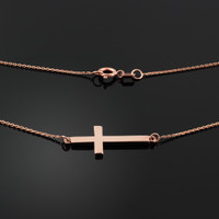 14K Solid Rose Gold Sideways Cross Cute Necklace