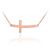 14K Solid Rose Gold Sideways Curved Cross Necklace