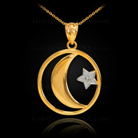 Gold Crescent Moon with Diamond Star Islamic Pendant Necklace