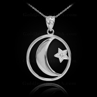 White Gold Crescent Moon with Diamond Star Islamic Pendant Necklace