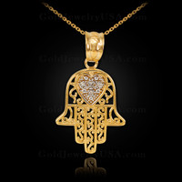 Gold Diamond Filigree Hamsa Pendant Necklace