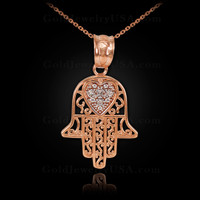 Rose Gold Diamond Filigree Hamsa Pendant Necklace