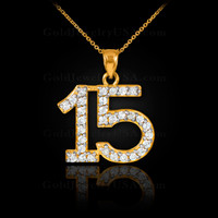 Quinceanera 15 Anos Pendant Necklace with diamonds in yellow gold.