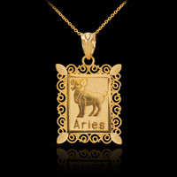 Polished Gold Aries Zodiac Sign Rectangular Pendant Necklace