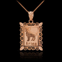 Polished Rose Gold Aries Zodiac Sign Rectangular Pendant Necklace
