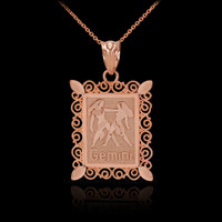 Rose Gold Gemini Zodiac Sign Filigree Square Pendant Necklace