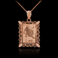 Polished Rose Gold Leo Zodiac Sign Rectangular Pendant Necklace