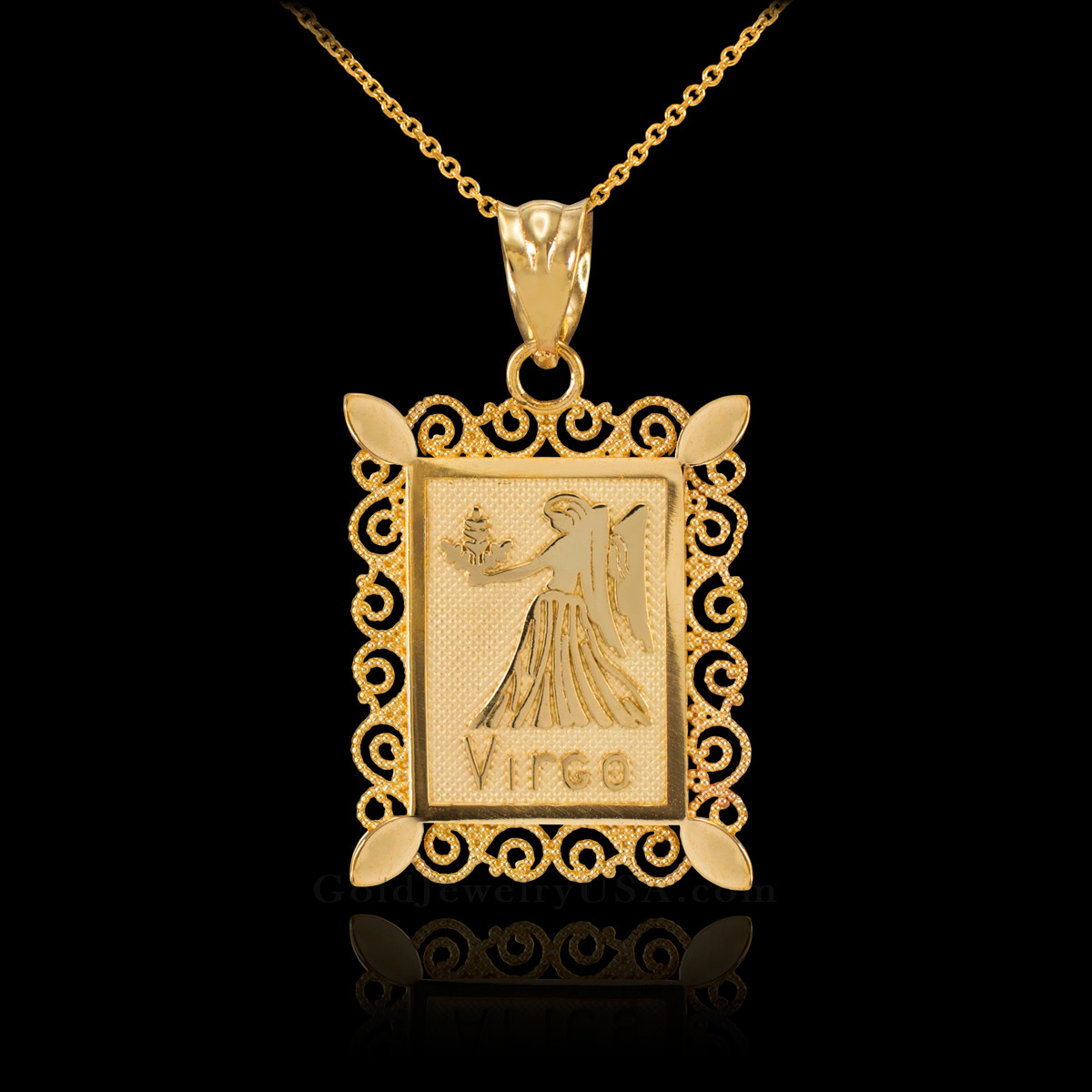 Gold Virgo Zodiac Sign Filigree Square Pendant Necklace