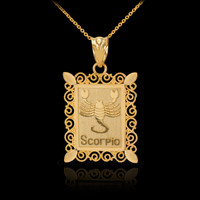 Gold Scorpio Zodiac Sign Filigree Square Pendant Necklace