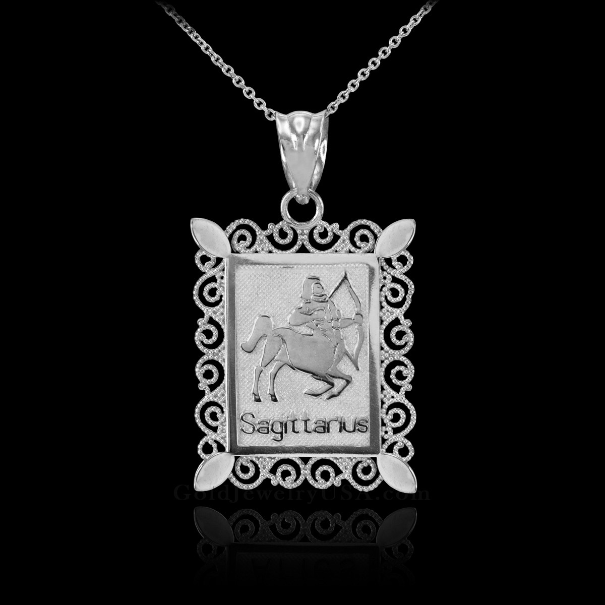 White Gold Sagittarius Zodiac Sign Filigree Pendant Necklace