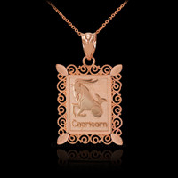 Rose Gold Capricorn Zodiac Sign Filigree Square Pendant Necklace