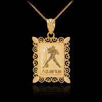 Polished Gold Aquarius Zodiac Sign Rectangular Pendant Necklace