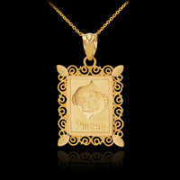 Gold Pisces Zodiac Sign Filigree Square Pendant Necklace