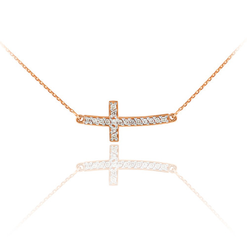 14K Rose Gold Sideways Diamond Cute Curved Cross Necklace