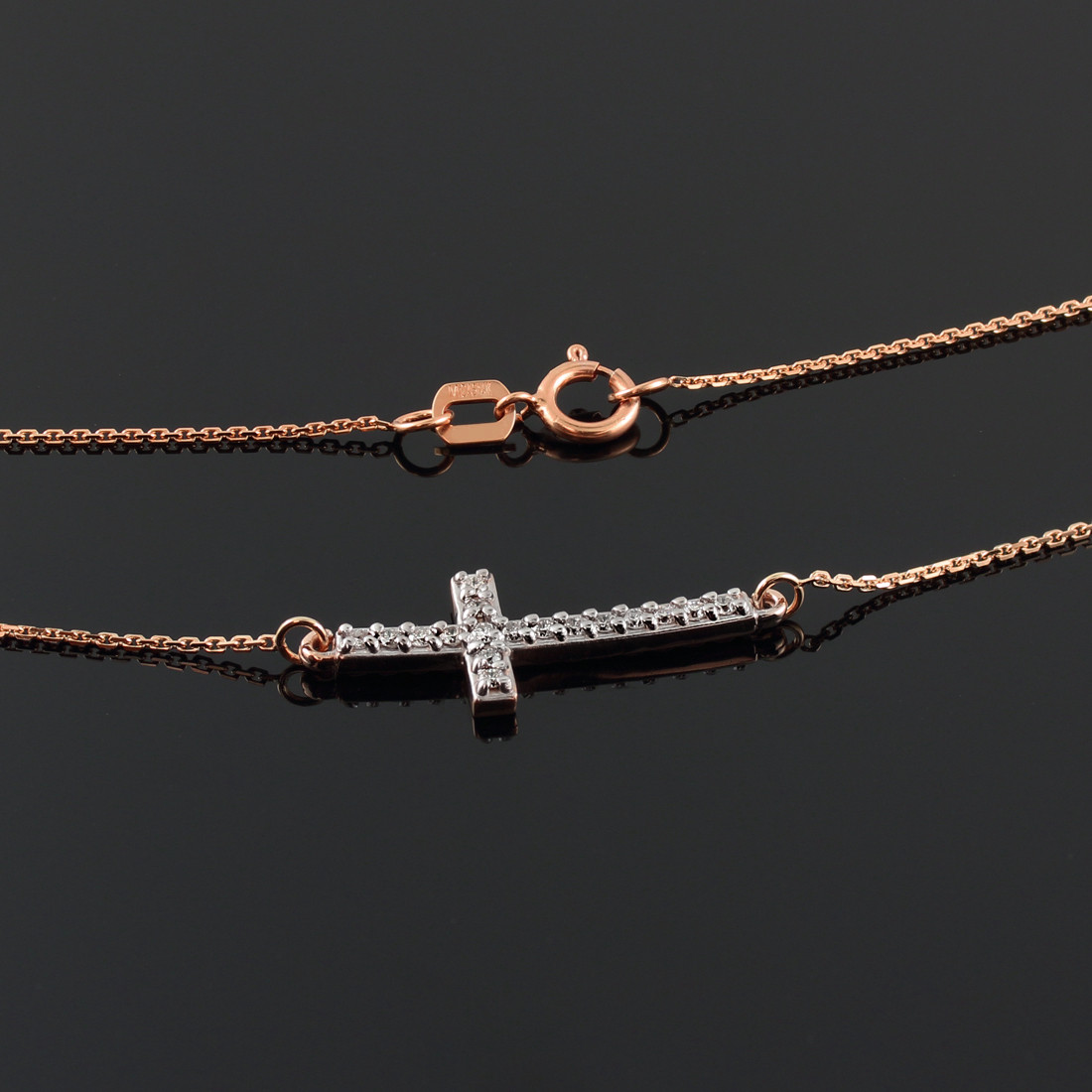 14K Rose Gold Sideways Diamond Cute Curved Cross Necklace 2 56118.1390430644.1280.1280