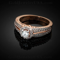 Rose Gold 0.70 ct Halo Diamond Solitaire Engagement Ring with filigree hearts.