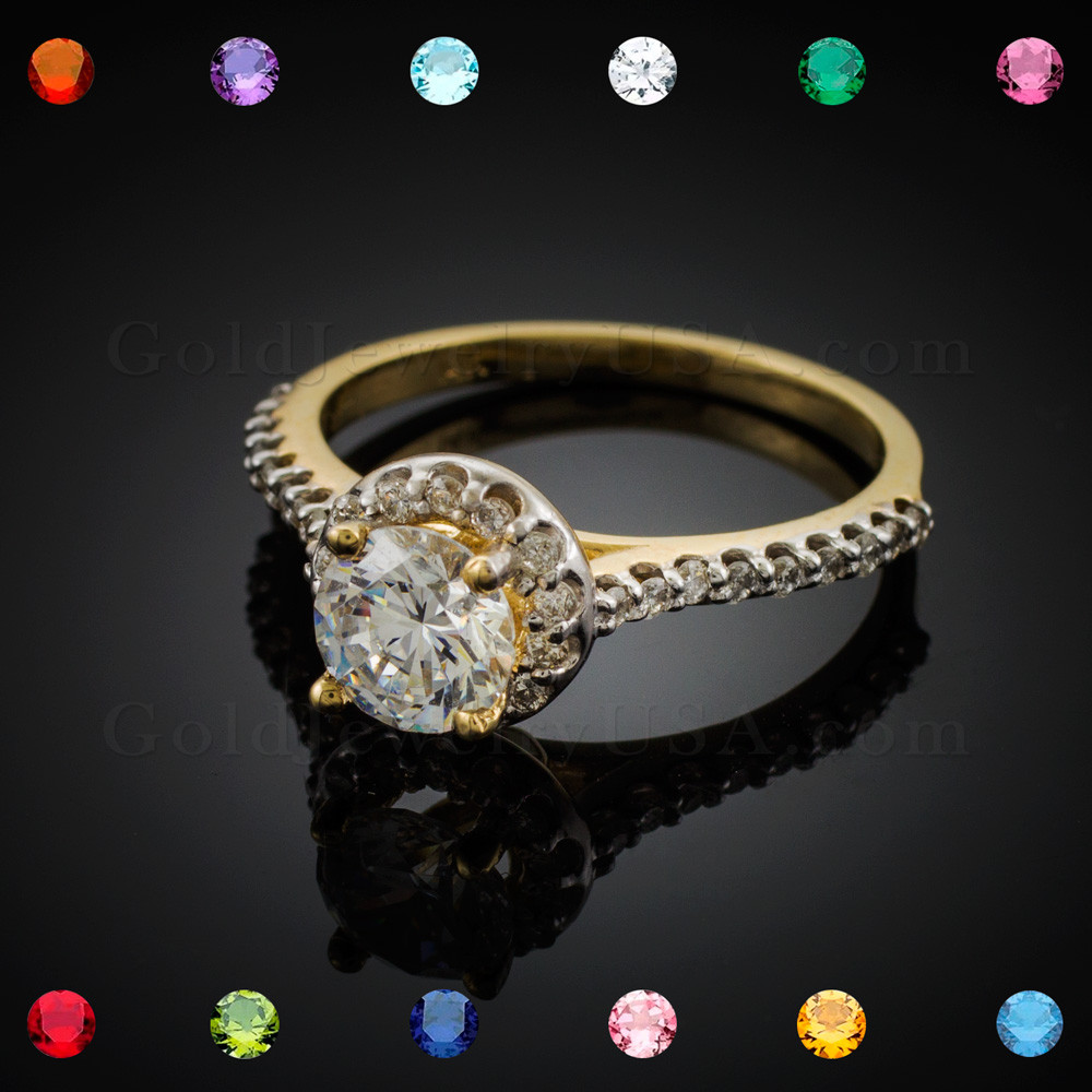 14K Dainty Gold CZ Birthstone Halo Diamond Engagement Ring