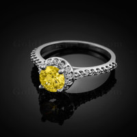 14K Dainty White Gold Citrine Halo Diamond Engagement Ring