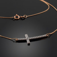 14K Rose Gold Sideways Diamond Curved Cross Pendant Necklace