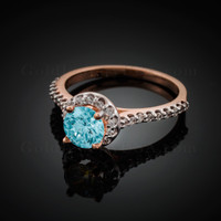14K Dainty Rose Gold Aquamarine Solitaire Halo Diamond Engagement Ring