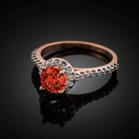 14K Dainty Rose Gold Garnet Solitaire Halo Diamond Engagement Ring