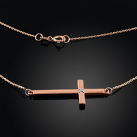 14K Solid Rose Gold Sideways Diamond Cross Necklace