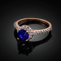 14K Dainty Rose Gold Blue Sapphire Solitaire Halo Diamond Engagement Ring