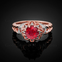 14K Rose Gold Braided Halo Ruby CZ Engagement Ring With Diamond Accents