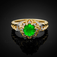 14K Gold Braided Halo Emerald CZ Engagement Ring With Diamond Accents