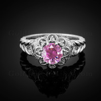14K White Gold Braided Halo Pink CZ Engagement Ring With Diamond Accents