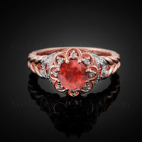 14K Rose Gold Braided Band Garnet Halo Engagement Ring With Diamond Accents