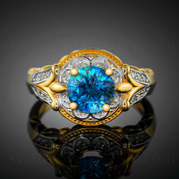 14K Gold Blue Topaz Solitaire Fleur-de-Lis Halo Diamond Engagement Ring
