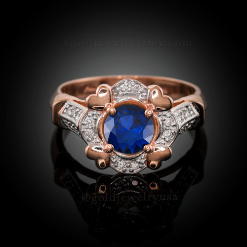Rose gold blue sapphire diamond setting engagement ring.