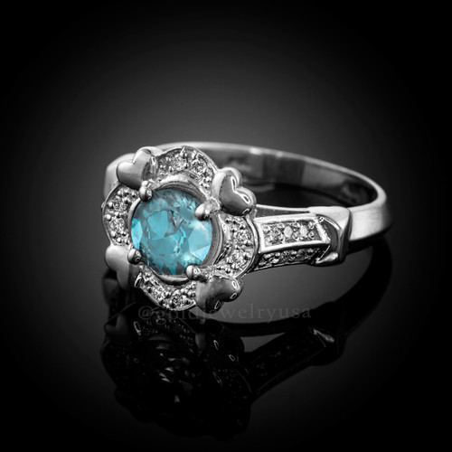 White Gold Aquamarine Gemstone Engagement Ring with Diamond Setting.