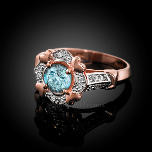 Rose Gold Aquamarine Gemstone Engagement Ring with Diamond Setting.