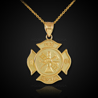 Solid Gold Firefighter Fire Rescue Medal Badge Pendant Necklace