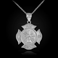 White Gold Firefighter Fire Rescue Medal Badge Pendant Necklace