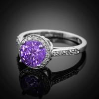 14K White Gold Amethyst Solitaire Halo Diamond Setting Engagement Ring