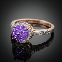 14K Rose Gold Amethyst Solitaire Halo Diamond Setting Engagement Ring