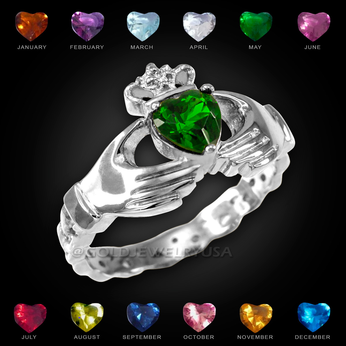December Birthstone Claddagh With Crown Ring In White Gold