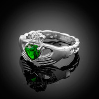 White Gold Celtic Band Emerald Green CZ Claddagh Ring