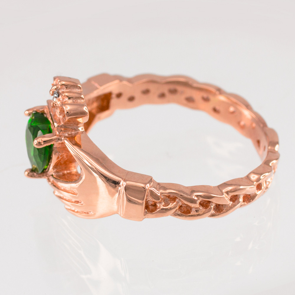Rose Gold Celtic Band Emerald Green CZ Claddagh Ring