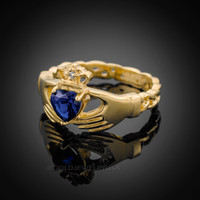 Gold Celtic Band Sapphire CZ Claddagh Ring