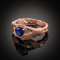 Rose Gold Celtic Band Sapphire CZ Claddagh Ring