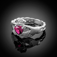 White Gold Celtic Band Alexandrite CZ Claddagh Ring