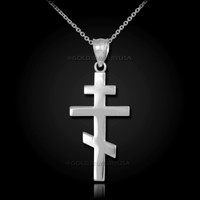 White Gold Plain Russian Orthodox Cross Pendant Necklace