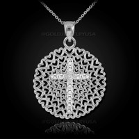 White Gold Filigree Heart Cross Diamond Pendant Necklace