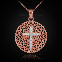 Two-Tone Rose Gold Filigree Heart Cross Diamond Pendant Necklace