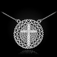 White Gold Filigree Heart Cross Diamond Necklace